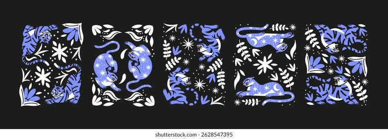 Retro 90er Tropenplakate mit Tigern und Blättern - asiatisch inspirierte Blumenmuster mit Tigern und Leoparden