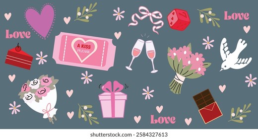 Retro 90s Valentine's Day Sticker Set – Bouquet, Champagne glasses, Pink Flowers, Chocolate Bar, Red Velvet, Love, Hearts, Letters, Flowers, Coupons, Romantic Icons. Vector shapes set