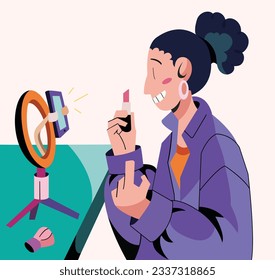 Retro 90s Vector Illustration: Glamorous girl live streaming beauty products via phone, illuminated by streaming ring light. Perfect for vintage-themed projects, online shopping, and beauty content.