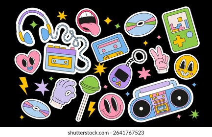 Retro 90s Y2K Sticker Pack. Cute Doodle Icons with Boombox, Cassette, Gameboy, Tamagotchi and More.Colorful Vintage Tech and Pop Culture Stickers. 90s Aesthetic Pack with Gadgets, Music and Toys.