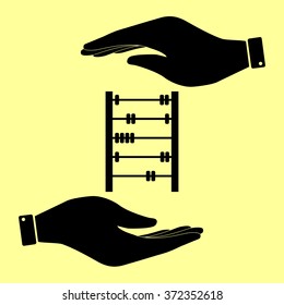 Retro abacus sign. Save or protect symbol by hands.