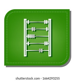 Retro abacus sign. Silver gradient line icon with dark green shadow at ecological patched green leaf. Illustration.