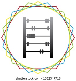 Retro abacus sign. Vector. Black icon with patch of light inside colorful hexagonal frames at white background.