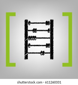 Retro abacus sign. Vector. Black scribble icon in citron brackets on grayish background.