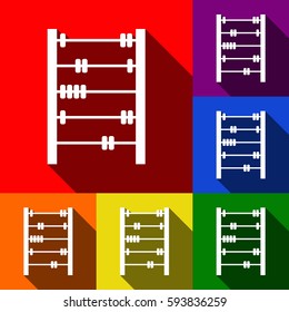 Retro abacus sign. Vector. Set of icons with flat shadows at red, orange, yellow, green, blue and violet background.