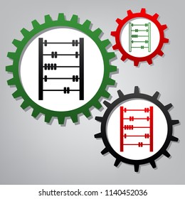 Retro abacus sign. Vector. Three connected gears with icons at grayish background.