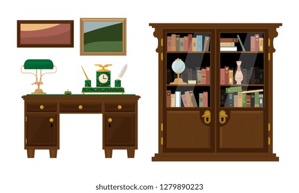 Retro abinet with workspace and wooden furniture, classic interior vector Illustration