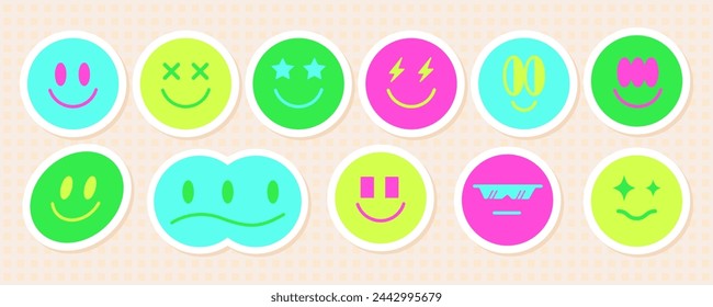 Retro abstract acid smile face sticker pack, futuristic psychedelic groovy emoji decoration graphic, vintage streetwear rave cute avatar symbol aesthetic, space trippy y2k emoticon icon set.