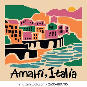 Retro abstract amalfi coast italy hand drawn poster with handwriting slogan text for graphic tee t shirt or vintage canvas postcard posters - Vector