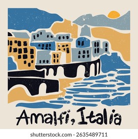 Retro abstract amalfi coast italy hand drawn poster with handwriting slogan text for graphic tee t shirt or vintage canvas postcard posters - Vector