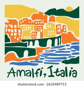 Retro abstract amalfi coast italy hand drawn poster with handwriting slogan text for graphic tee t shirt or vintage canvas postcard posters - Vector