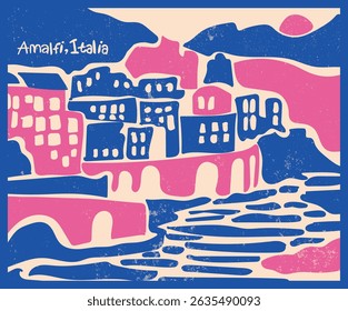 Affiche abstraite rétro côte amalfitaine dessinée à la main avec le texte du slogan de l'écriture manuscrite pour t-shirt graphique ou affiches de carte postale en toile vintage - Image vectorielle