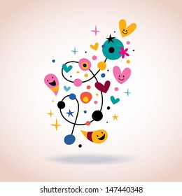 retro abstract art illustration with cute characters