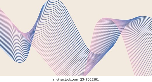 Retro abstract background with blue and pink wavy lines. Minimal geometric backdrop. Wave line art. Curved smooth design with copy space. Modern template for banner. Vector illustration