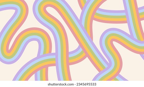 Retro abstract background with curved rainbow color stripes. Vintage groove design in trendy hippie 60-70s style. Aesthetic vector illustration