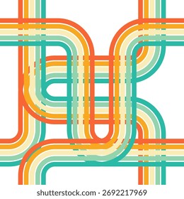 Retro abstract background with a geometric pattern of intersecting curved colorful stripes from the 70s era creating a complex maze-like design