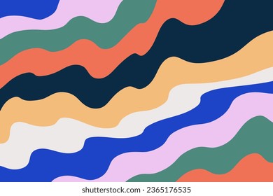 Retro abstract background in groove style. Distorted wavy pattern. Psychedelic curves vector design in 60-70s hippie style. Colorful striped pastel backdrop.