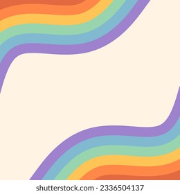 Retro abstract background with groovy rainbow waves and copy space in centre. Funky square vector template in doodle style for cover, banner, posters, social media posts.