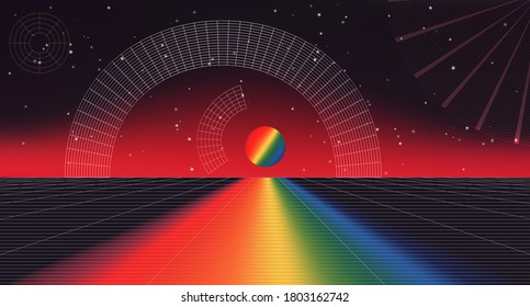 Fondo abstracto retro con puré de luz y camino arco iris hacia el horizonte. Fondo cósmico colorido de los años 80. Ilustración vectorial para su diseño gráfico.