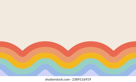 Retro abstract background with rainbow wave stripe in bottom and copy space. Vintage groovy frame in doodle style. Vector horizontal template for banner, cover, social media.