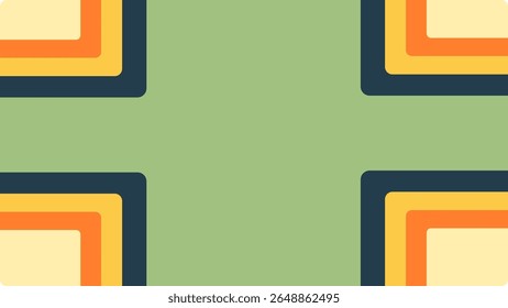 Fundo abstrato retro com cantos arredondados e listras coloridas. Design minimalista plano em verde, azul, laranja, amarelo e creme. Elemento gráfico versátil, ideal para mídia digital e impressão.