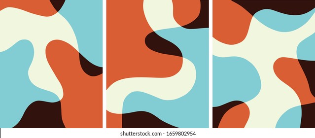 retro abstract background set,poster templates, blue and orange organic shape, vector 