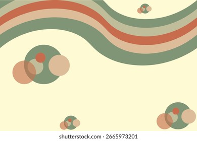 Retro abstract background with wavy green, beige, and orange stripes, accented by layered overlapping circles on a cream backdrop, perfect for vintage and minimalist designs.