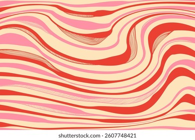 Retro Abstract Background with Wavy Lines. Decorative groovy fluid lines isolated on yellow background. Hand drawn geometric bulky lines. Hippie banner . Vector illustration