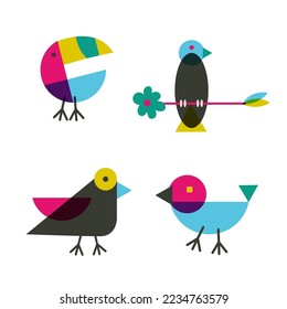 Retro Abstract Birds Vector Isolated Elements Set