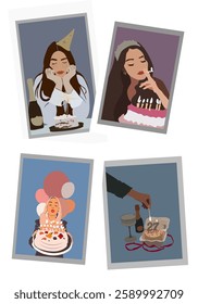 Retro Abstract Birthday Girl Portraits  Cards Set Make A With On The Birthday Cake In Frame Vector Design
