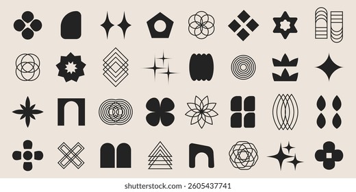 Retro abstract black and white geometric shapes set. Brutalist contemporary shapes, y2k retro design elements collection. Funky geometric minimal figures and shapes for banner, poster, sticker