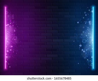 Retro Abstract Blue And Purple Neon Lights On Black Brick Wall With Glitter Glow Sparkling. Vector Illustration. Abstract Futuristic Neon Glowing Background