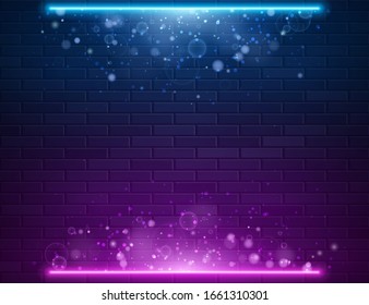 Retro Abstract Blue And Purple Neon Lights On Black Brick Wall With Glitter Glow Sparkling. Vector Illustration. Abstract Futuristic Neon Glowing Background