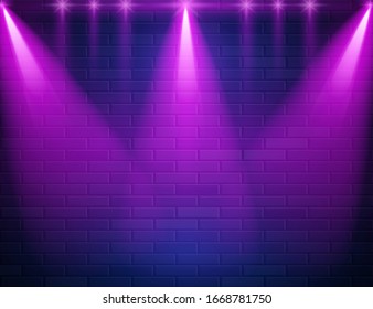 Retro Abstract Blue And Purple Neon Light Rays On Black Brick Wall With Empty Space For Text. Vector Illustration. Abstract Futuristic Neon Glowing Background