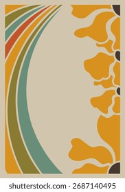 Projeto De Borda Abstrata Retrô Com Motivos Florais Laranja E Listras Multicoloridas Curvas