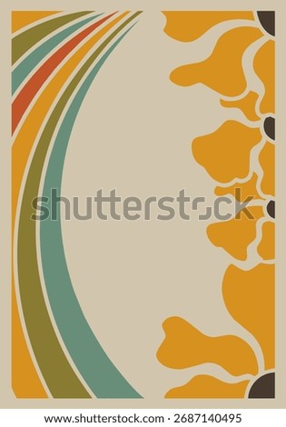 Retro Abstract Border Design With Orange Floral Motifs And Curved Multicolor Stripes