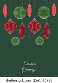 Retro abstract christmas greeting card with geometric shape ornaments on green background. Christmas template, poster