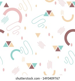 Retro abstract colorful seamless pattern in modern geometric style set of four build of triangle, circle, square, dot and strip symmetry perfect for fabric textile print