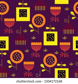 Retro abstract colorful seamless pattern in modern geometric style build of triangle, circle, square, dot and strip flower symmetry perfect for fabric textile print