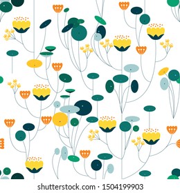 Retro abstract colorful seamless pattern of green and yellow flower in modern botanical garden spring style perfect for fabric textile art print