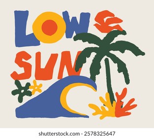Retro abstract colorful tropical summer elements illustrations with sun sea waves palm tree bird and coral flower drawing for graphic tee t shirt or poster sticker - Vector 