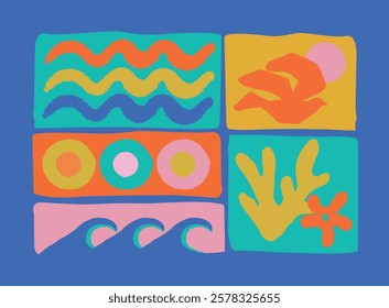 Retro abstract colorful tropical summer elements illustrations with sun sea waves palm tree bird and coral flower drawing for graphic tee t shirt or poster sticker - Vector 