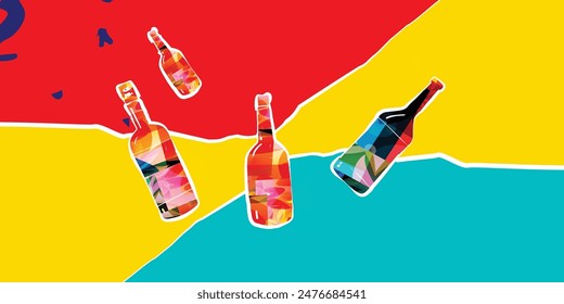 Retro abstract creative artwork template collage with bottles.