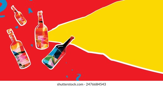 Retro abstract creative artwork template collage with bottles.