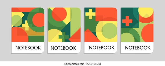 Retro abstract creative notebook cover template design.Bauhaus geometric pattern background, vector abstract circle, triangle and square lines art.for covers, annuals, catalogs, posters