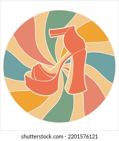 Retro abstract design template with colorful shoes on rainbow waves background. Hippie sandals with high heels in a colored circle. Creative vector illustration.