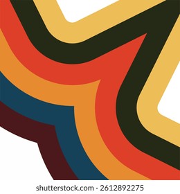 a retro, abstract design with thick, curved lines in a variety of warm and cool colors including yellow, dark green, red, orange, light orange, dark blue, and maroon.