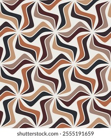 Retro abstract design with twisted geometric shapes isolated on a white background in a mosaic fashion. Composition of multicolored whirls and vortexes. Seamless repeating pattern. 