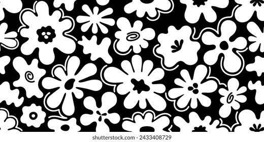 Fondo floral abstracto retro. Patrón sin costuras con flores en estilo y2k. Fondo negro moderno con siluetas blancas de margaritas. Impresión monocromática de primavera funky, ilustración vectorial