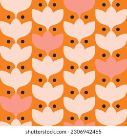 Retro abstract floral texture. Seamless vector pattern with repetition of flowers and dots. Geometrical simple flowers in a line